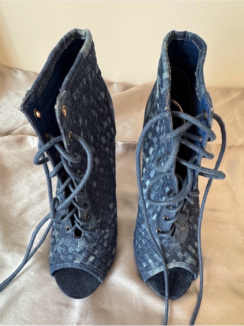 Unique Denim Patchwork Lace-Up Peep-Toe Women's High Heel Booties, Size 7
